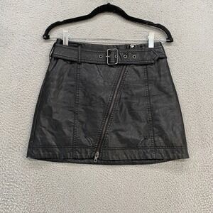 Free People Biker Skirt Womens 2 Moto Grunge 90s Faux Vegan Leather Belted Black